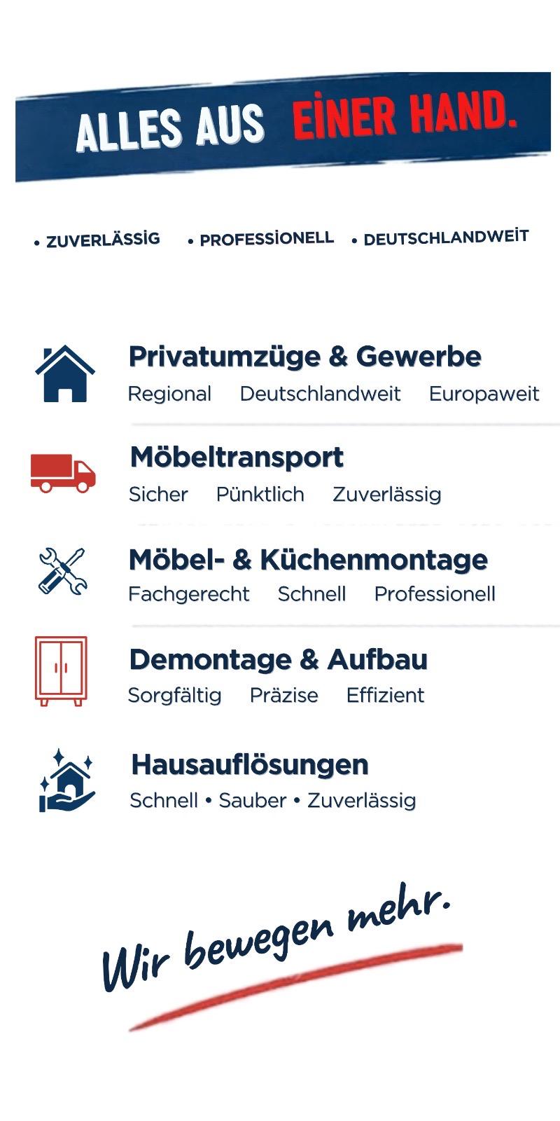 EMAY Leistungsübersicht: Privatumzüge, Möbeltransport, Küchenmontage und Hausauflösungen